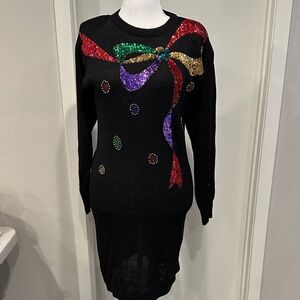 Vintage Bonnie Evans Dress Black with Sequin Christmas Bow and Balls Size Medium